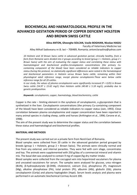 biochemical and haematological profile - Universitatea de Ştiinţe ...