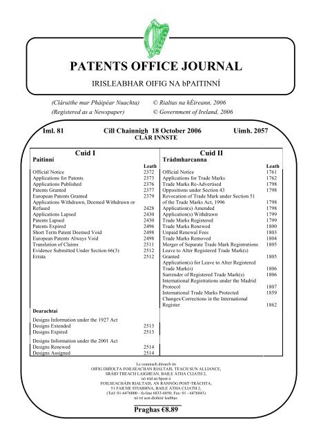 PATENTS OFFICE JOURNAL - Irish Patents Office