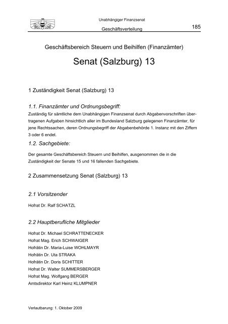 Geschäftsverteilung 1. Oktober 2009 - Unabhängiger Finanzsenat