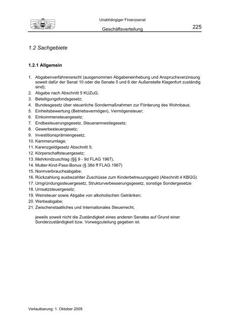 Geschäftsverteilung 1. Oktober 2009 - Unabhängiger Finanzsenat