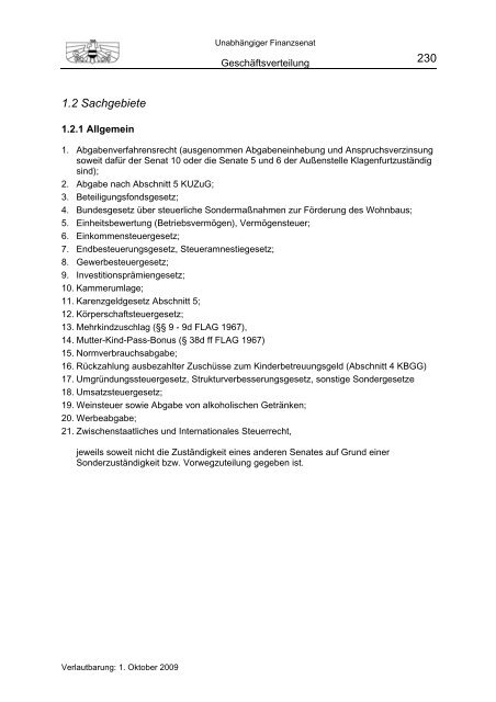 Geschäftsverteilung 1. Oktober 2009 - Unabhängiger Finanzsenat