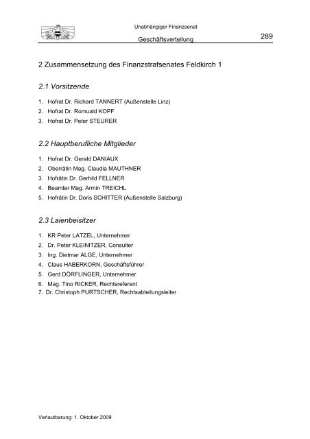 Geschäftsverteilung 1. Oktober 2009 - Unabhängiger Finanzsenat