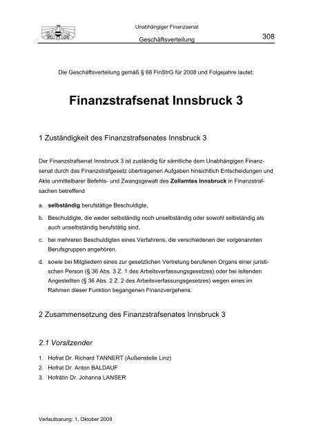 Geschäftsverteilung 1. Oktober 2009 - Unabhängiger Finanzsenat