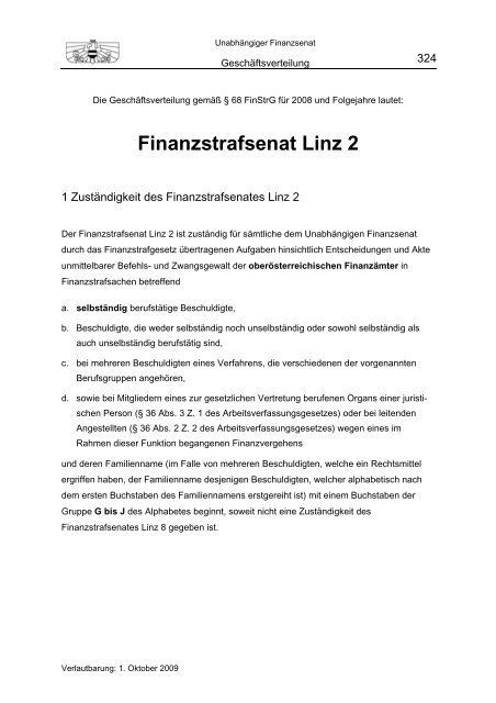 Geschäftsverteilung 1. Oktober 2009 - Unabhängiger Finanzsenat