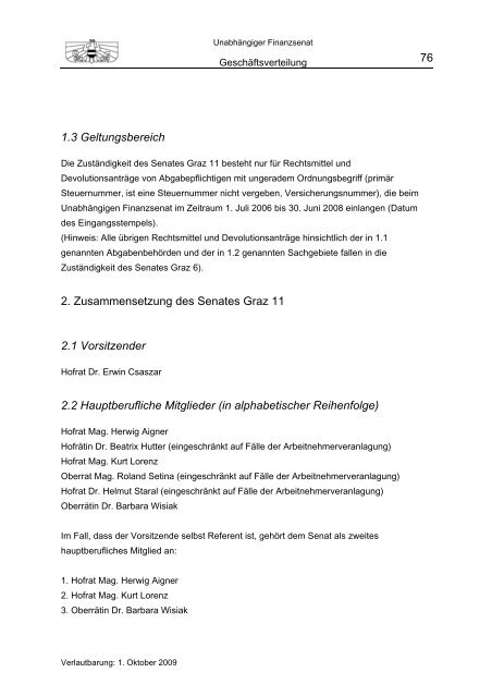 Geschäftsverteilung 1. Oktober 2009 - Unabhängiger Finanzsenat