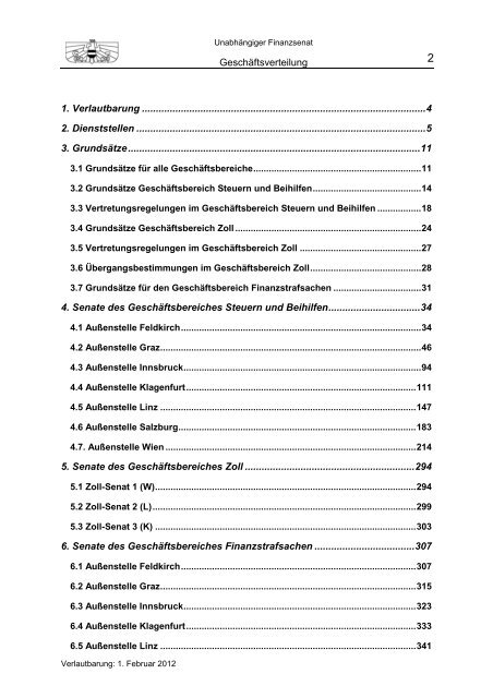 Geschäftsverteilung 1. Februar 2012 - Unabhängiger Finanzsenat