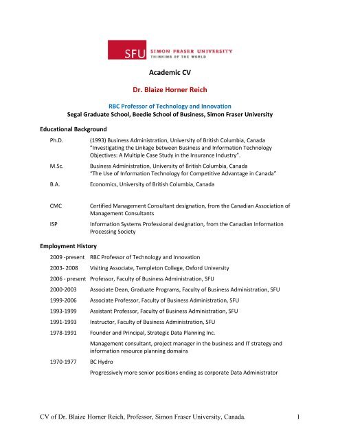 Curriculum Vitae - SFU Beedie School of Business - Simon Fraser ...