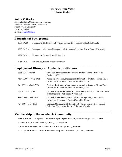 Curriculum Vitae - SFU Beedie School of Business - Simon Fraser ...