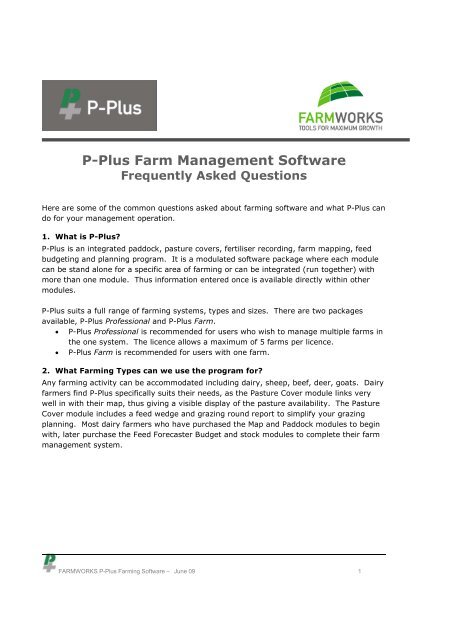 P-Plus Farm Management Software Frequently Asked ... - Farmworks