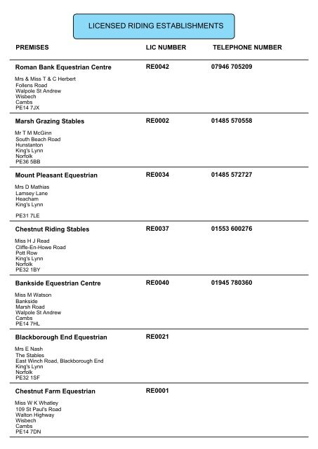 Riding Establishments - Borough Council of King's Lynn & West ...