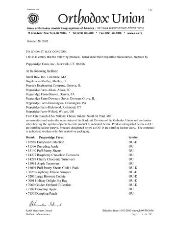 Pepperidge Farm, Inc., Norwalk, CT 06856 At the following facilities ...