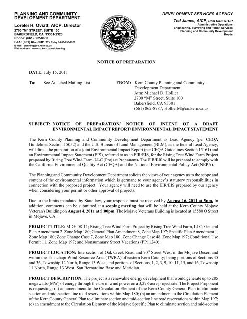 Rising Tree Wind Farm Project Notice of Preparation - County of Kern