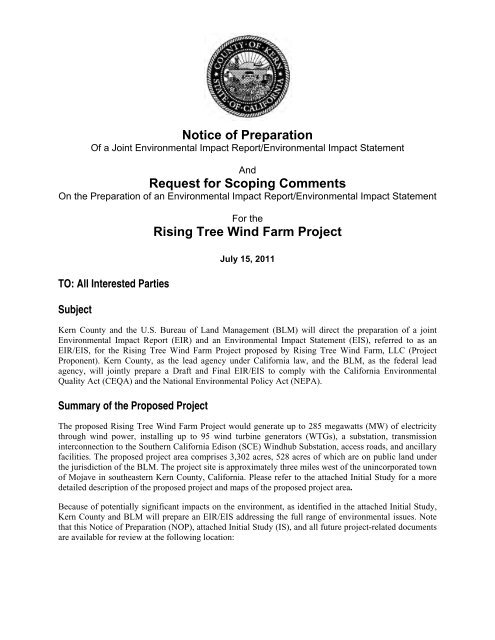 Rising Tree Wind Farm Project Notice of Preparation - County of Kern
