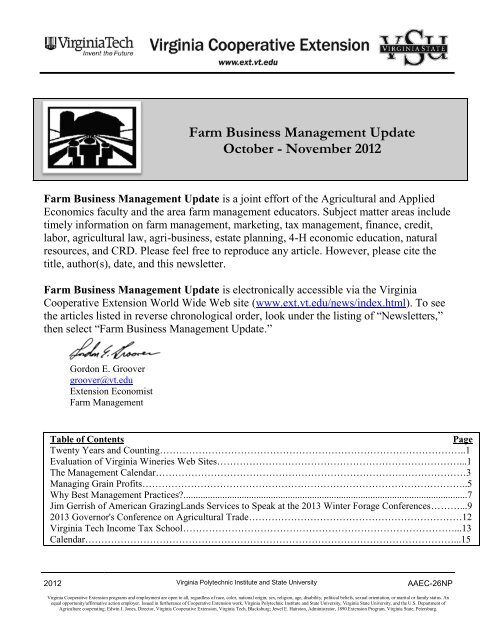 Farm Business Management Update October November 12 Farm Business Management Update October November 12