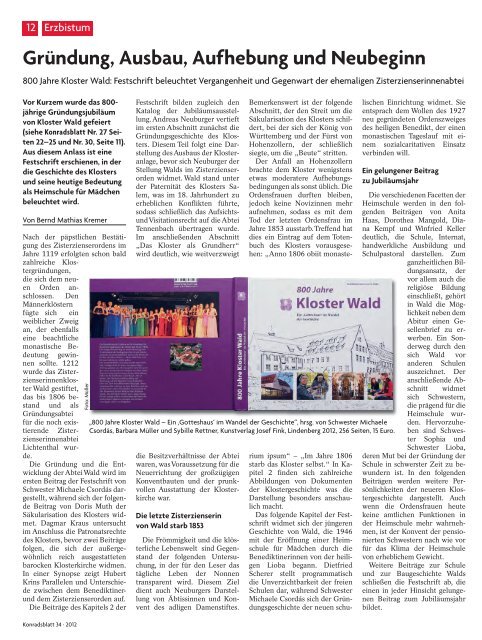 Artikel und Rezension Konradsblatt - Heimschule Kloster Wald