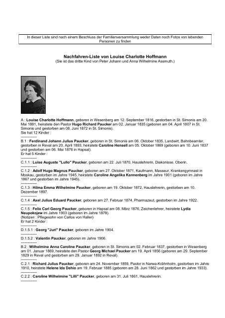 Nachfahren-Liste von Louise Charlotte Hoffmann