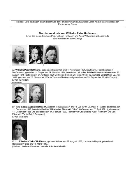 Nachfahren-Liste von Wilhelm Peter Hoffmann