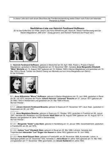 Nachfahren-Liste von Heinrich Ferdinand Hoffmann