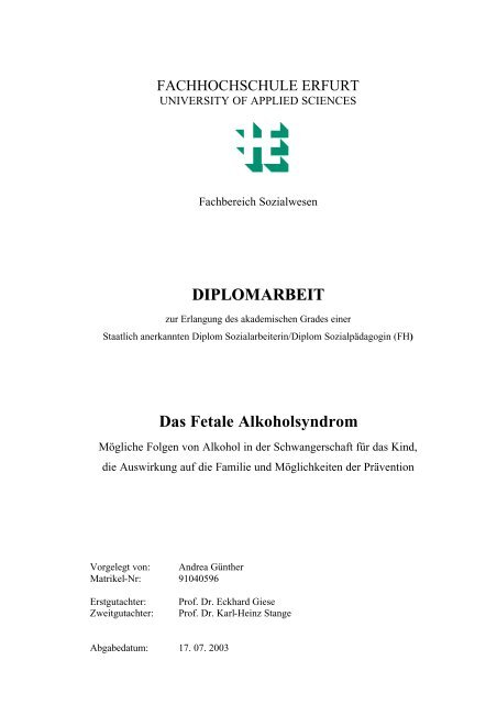 Diplomarbeit Das Fetale Alkoholsyndrom Fasd Deutschland Ev