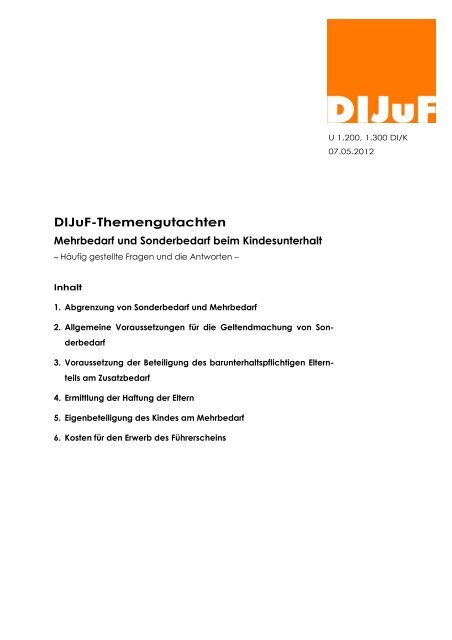 Mehr Und Sonderbedarf Beim Kindesunterhalt Dijuf