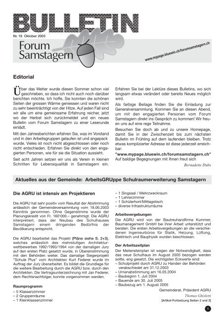 Seite 01, Editorial, AGRU - Forum Samstagern