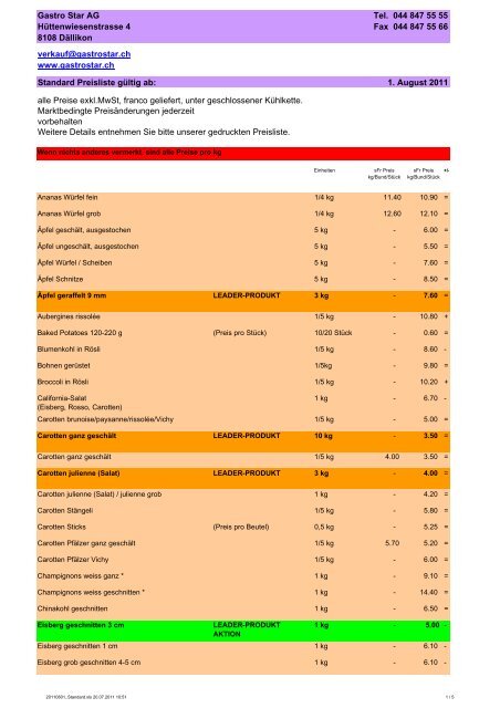 Gastro Star AG Tel. 044 847 55 55 Hüttenwiesenstrasse 4 Fax 044 ...