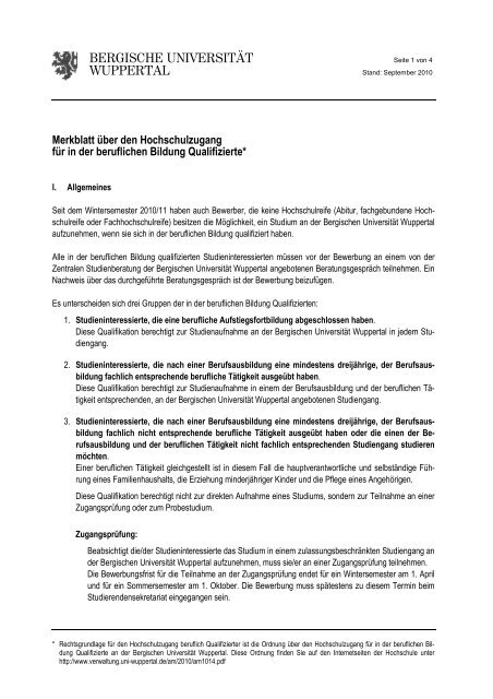 Merkblatt Hochschulzugang für beruflich Qualifizierte