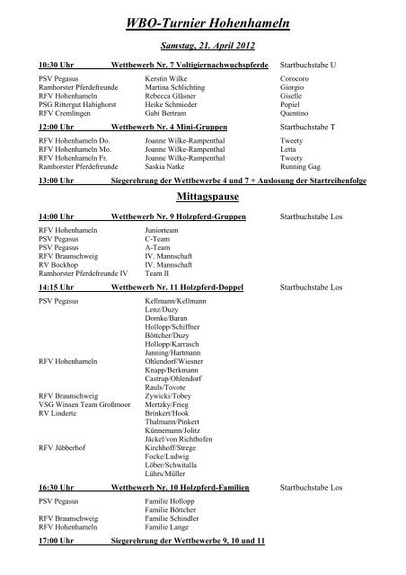 Zeiteinteilung WBO-Turnier 2012 - Fachschule Voltigieren