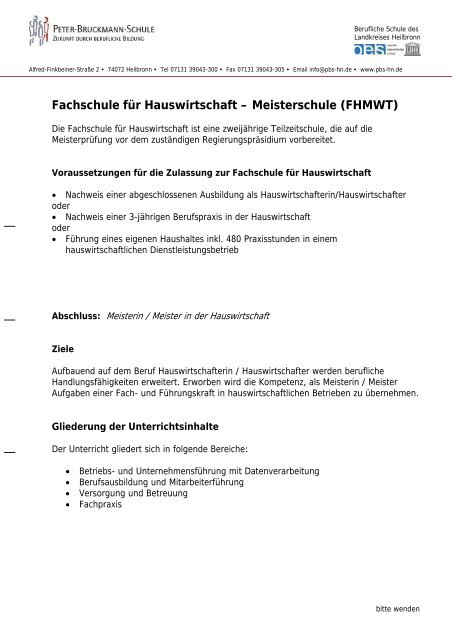 Fachschule für Hauswirtschaft – Meisterschule (FHMWT)