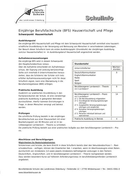 Einjährige Berufsfachschule Hauswirtschaft - BBS Wildeshausen