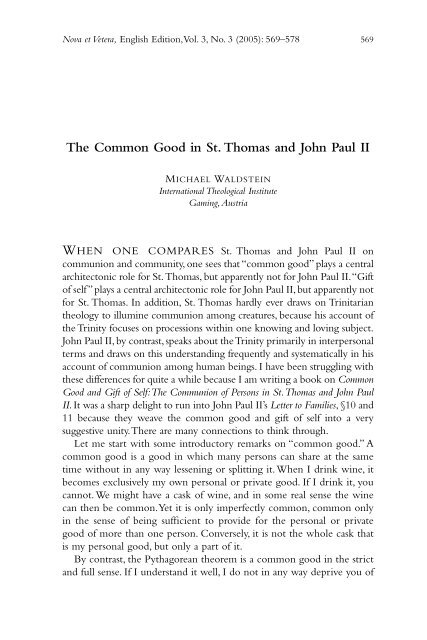 The Common Good in St. Thomas and John Paul II WHEN