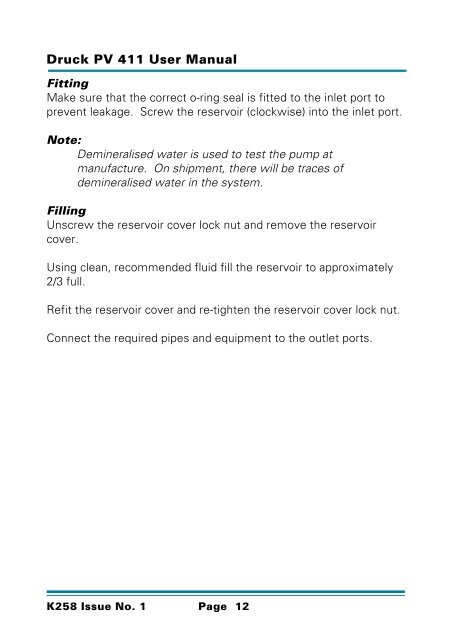 Druck PV 411 Pneumatic/Hydraulic Hand-pump User Manual