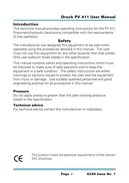 Druck PV 411 Pneumatic/Hydraulic Hand-pump User Manual