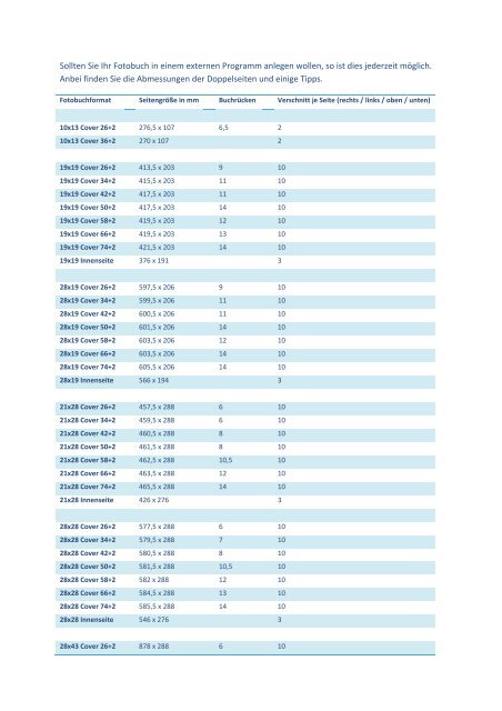 Abmasse als PDF(73KB) hier downloaden - Fotobuchexpress24