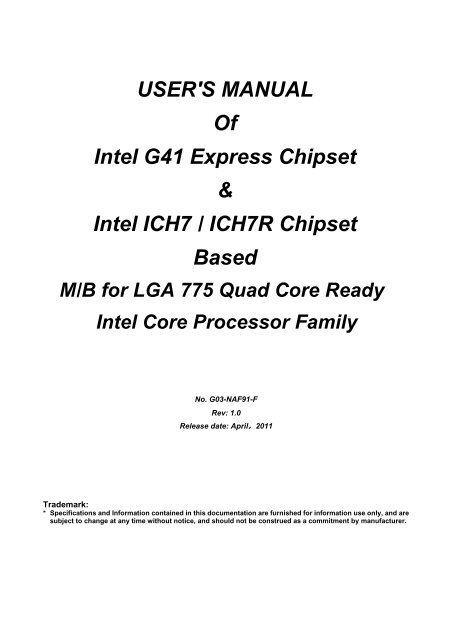 USER'S MANUAL Of Intel G41 Express Chipset &amp; Intel ICH7 / ICH7R ...