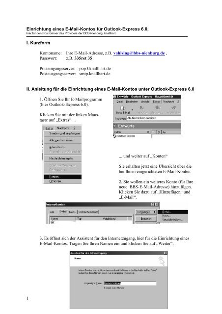 1 Einrichtung eines E-Mail-Kontos für Outlook-Express 6.0, I ...