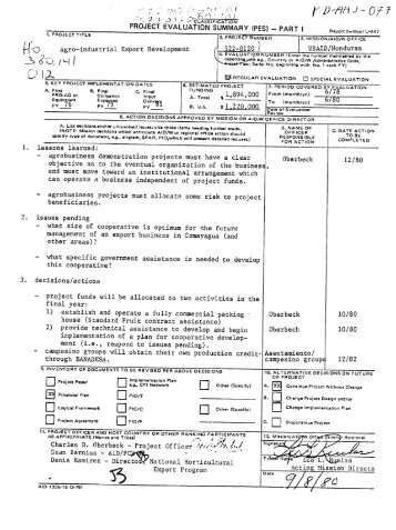 PROJECT EVALUATION SUMMARY (PES) - PART I ( ,: Li P ~Acting