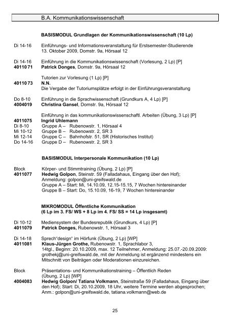 Kommentiertes Vorlesungsverzeichnis WS 2009/10