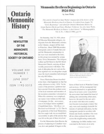 Ontario History - Mennonite Historical Society of Ontario