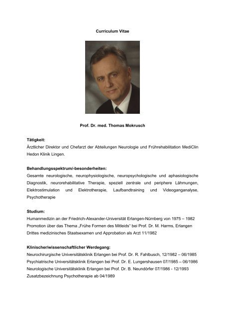 Curriculum Vitae Prof. Dr. med. Thomas Mokrusch Tätigkeit - MediClin