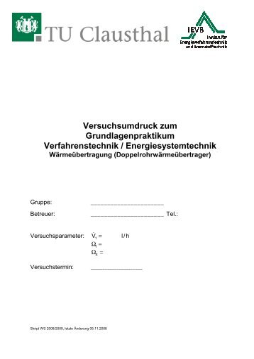 Versuchsumdruck zum Grundlagenpraktikum Verfahrenstechnik ...