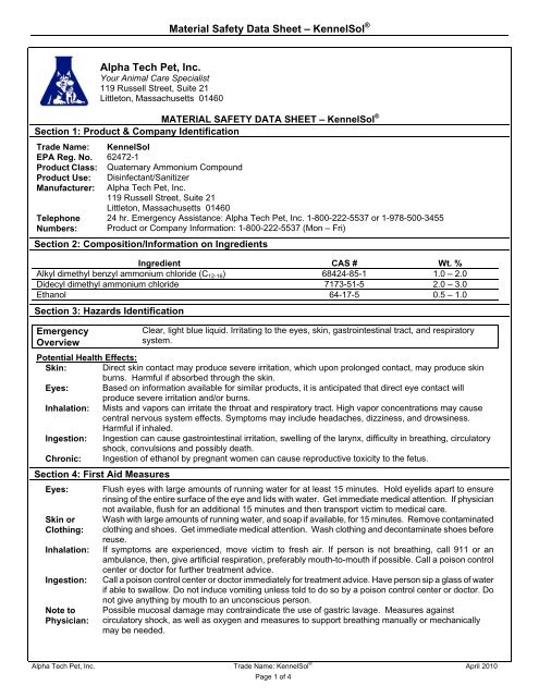 Material Safety Data Sheet – KennelSol® Alpha Tech Pet, Inc.