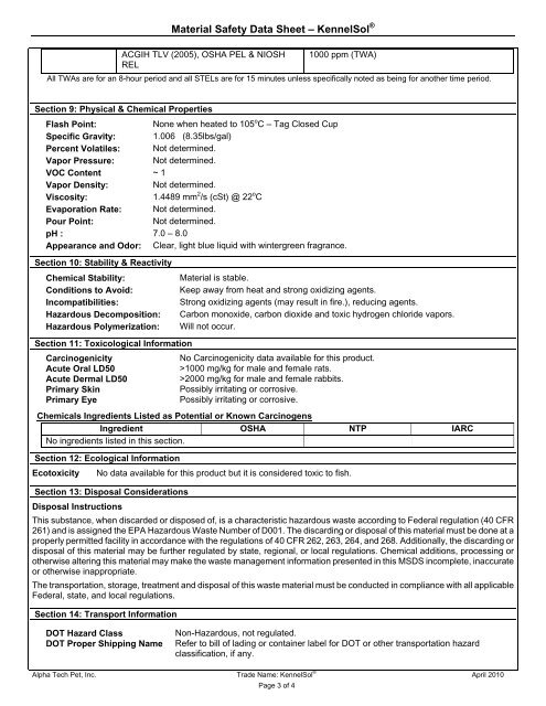 Material Safety Data Sheet – KennelSol® Alpha Tech Pet, Inc.