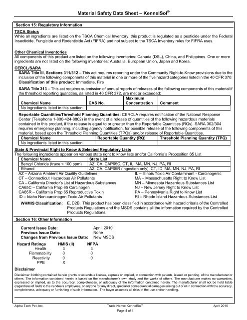 Kennelsol Msds.pdf Section 15: Regulatory In