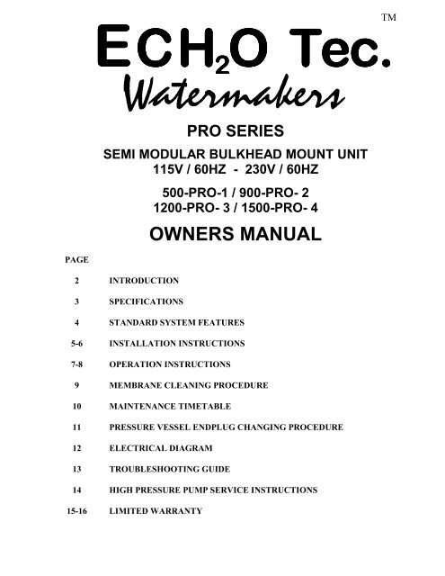 OWNERS MANUAL - ECHOTec Watermakers