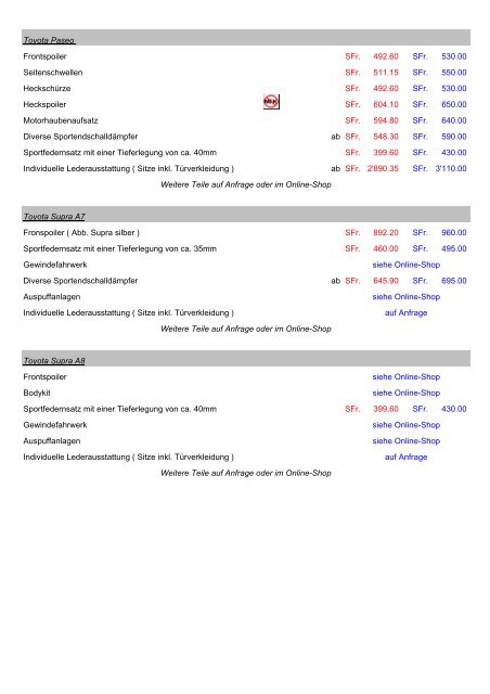 Preisliste Tuningparts - Garage Frey