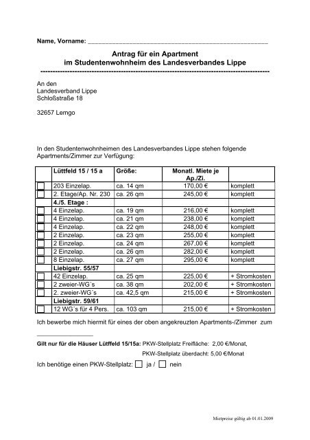 Antrag für ein Apartment im Studentenwohnheim des ...