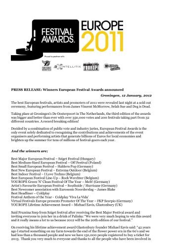 PRESS RELEASE: Winners European Festival Awards announced