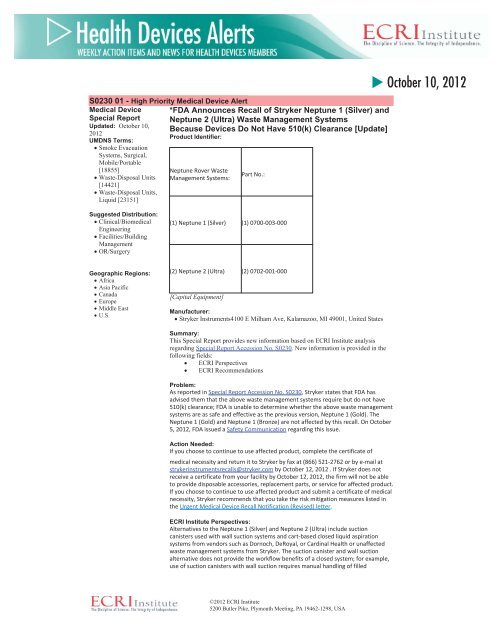 FDA Announces Recall of Stryker Neptune 1 and 2 - ECRI Institute