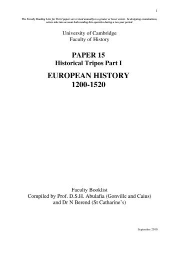 PAPER 15 Historical Tripos Part I EUROPEAN HISTORY 1200-1520